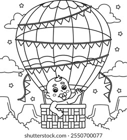 Baby Shower Baby on Hot Air Balloon Coloring Page 