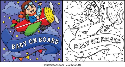 Baby Shower Baby on a Plane Coloring Illustration 