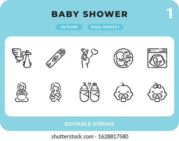 Baby Shower Outline Icons Pack for UI. Editable Stroke. Pixel perfect thin line vector icon set for web design and website application.
