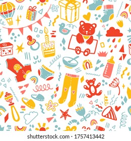 Baby shower party accessories vector seamless pattern. Baby care products hand drawn illustrations set. Newborn invitation design element

