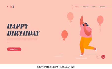 Baby Shower Party or Birthday Event Celebrating Website Landing Page. Cheerful Female Character Dance in Room with Air Balloons, Soon Baby Appearance Web Page Banner. Cartoon Flat Vector Illustration