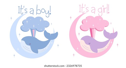 Baby shower party card, it's a boy, its a girl design isolated on white background, underwater whale on moon, pregnant gender party 