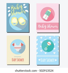 Baby shower party cards, invitations design templates. Design templates of greeting card for newborn babies with toys, booties and other elements