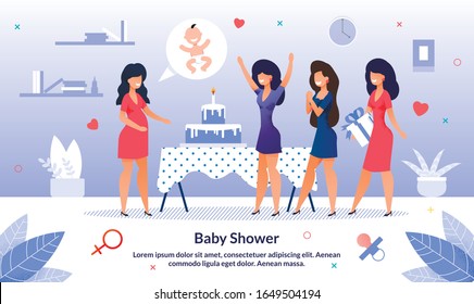 Baby Shower Party Celebration Trendy Flat Vector Banner, Poster Template. Pregnant Woman Celebrating Pregnancy with Friends, Ladies Having Fun, Greeting Future Mother with Motherhood Illustration