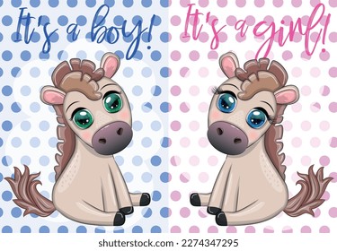 Baby shower party with cute cartoon horse, pony boy and girl. Baby shower invitation and happy birthday greeting card