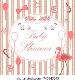 Baby Shower Party with cute flamingo, candies, balloons, buttons, birds on twig, colorful pink wallpapers, etc. Vector Illustration