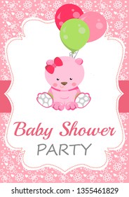 Baby shower Party. Cute invitation card design for baby shower party.  The pink background is decorated with a pink teddy bear and colorful balloons. Design for a girl - Vector