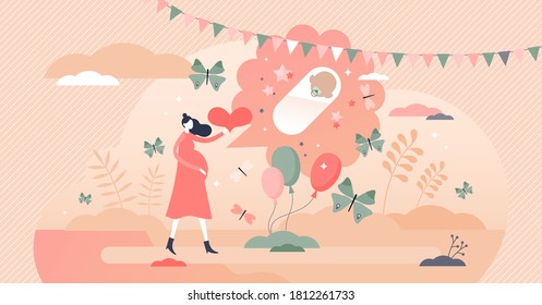 Baby shower party event with pregnant mother and gifts tiny persons concept. Celebration of expecting newborn vector illustration. Fun, happy and cheerful mood for woman with congratulations presents.