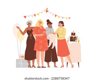 Baby shower party of gift-giving to celebrate pregnancy, flat vector illustration isolated on white background. Friends and pregnant woman celebrate expected birth.