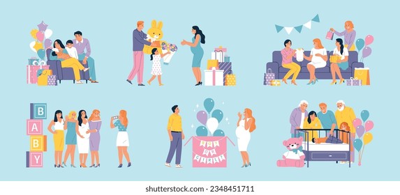 Baby shower party with happy parents and guests flat set isolated on color background vector illustration
