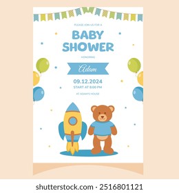 Baby shower party invitation. It's a boy. Invitation with rocket and teddy bear toy. Template for party invitation, poster, greeting card.