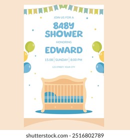 Baby shower party invitation. It's a boy. Invitation with children's bed. Template for party invitation, poster, greeting card.