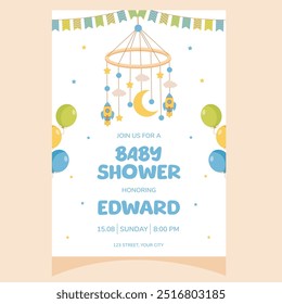 Convite para festa de chá de bebê. É um menino. Convite com pingentes de carrossel bebê, celular recém-nascido. Modelo para convite de festa, cartaz, cartão de mensagem.