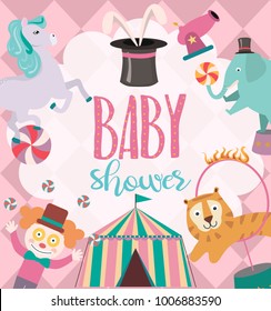 Baby Shower party invitation card with circus theme. Vector illustration