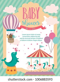 Baby Shower Party Invitation Card With Circus Theme. Vector Illustration