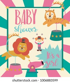 Baby Shower party invitation card with circus theme. Vector illustration