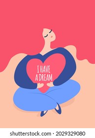 Baby shower party invitation, card, flyer, banner. I have a dream. Dreams come true. Pregnant girl holding big pink heart. Young Woman with beautiful hair. Self love, care. Mother hug herself vector.