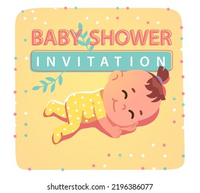 Baby shower party invitation card. Cute asleep little newborn girl child in sleepsuit. Adorable infant kid cartoon character sleeping. Happy birth holiday postcard template flat vector illustration