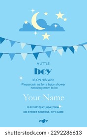 Baby shower party invitation card, evening sky with moon and stars, holiday garlands and text.