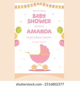 Baby shower party invitation. It's a girl. Invitation with baby carriage. Template for party invitation, poster, greeting card.