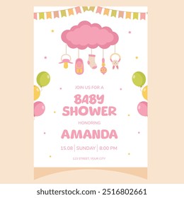 Baby shower party invitation. It's a girl. Invitation with cloud. Template for party invitation, poster, greeting card.