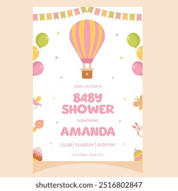 Baby shower party invitation. It's a girl. Invitation with air balloon. Template for party invitation, poster, greeting card.