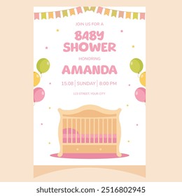 Baby shower party invitation. It's a girl. Invitation with children's bed. Template for party invitation, poster, greeting card.