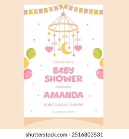 Convite para festa de chá de bebê. É uma menina. Convite com pingentes de carrossel bebê, celular recém-nascido. Modelo para convite de festa, cartaz, cartão de mensagem.