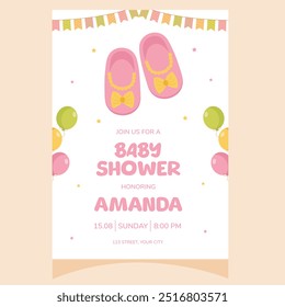 Baby shower party invitation. It's a girl. Invitation with baby shoes. Template for party invitation, poster, greeting card.