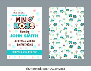 Baby shower party invitation. Kawaii style color cards to celebrate with family and friends special arrival, welcome mini boss boy. Vector illustration