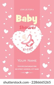 Baby shower party invitation, many white hearts on a pink background, pink pacifier, text.