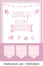 Baby shower party invitation template. Welcome baby girl vector design