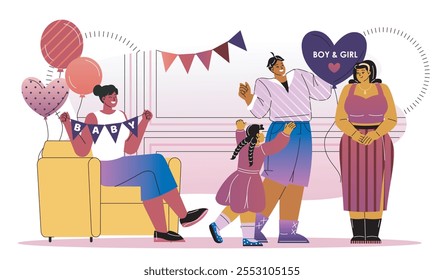 Baby shower party. Man and woman dance with kids. Expectant mother. Boy or girl reveal. Celebration and festival, event. Flat vector illustration isolated on white background