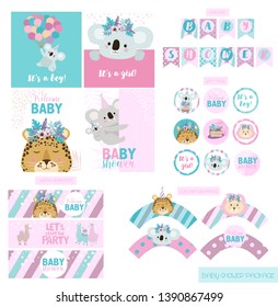 Baby Shower party package collection with fun animals. Festive set of labels, wrappers, flags and cards. Editable vector illustration