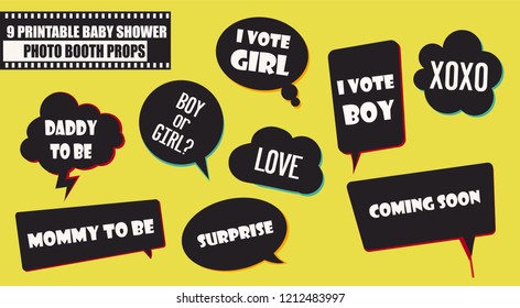 Baby shower party photo booth props vector elements, illustration. Speech bubbles with baby shower phrases for new baby arrival 