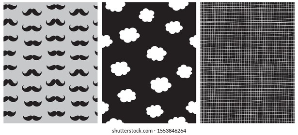 Baby Shower Party Seamless Vector Patterns. White Clouds on a Night Sky. White Tiny Grid on a  Black Background. Black Moustaches on a Light Gray Layout. Cute and Simple Baby Boy Party Vector Prints.