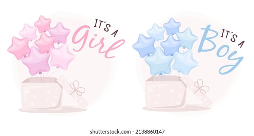 Baby shower party set. Gift box with ballon stars pink and blue. It's a girl, it's a boy.