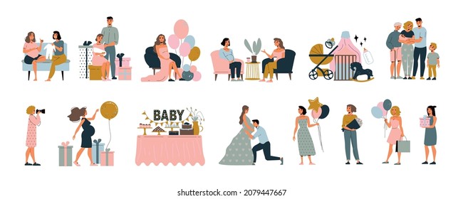 Baby shower party set with sip and see event symbols flat isolated vector illustration