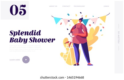 Baby Shower Party Website Landing Page, Girl Character Stand on Ladder Hugging Belly of Huge Pregnant Woman in Decorated Room, Baby Birthday Event Web Page. Cartoon Flat Vector Illustration, Banner