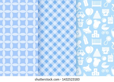 Baby shower pattern. Baby boy seamless background. Vector. Blue pastel childish textile print. Cute texture for invitation, invite template, card, birth party, scrapbook. Flat design illustration 