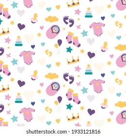 Babydusche mit süßem Baby , Socken, Nippel, Spielzeug, Fußabdruck, Spielanzug, Pyramide . Print-Design für Babyartikel und Kleidung. Textur für Ihr Design, Grußkarten, Geschenkpackungen, Poster, Textilien

