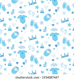 Baby shower pattern with cute baby , socks, nipple, toy, footprint, playsuit, pyramid . Print design for baby goods and clothes. Texture for your design, greeting cards,gift wraps, posters, textiles
