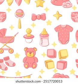 Baby shower pattern. New born baby boy Happy Birthday