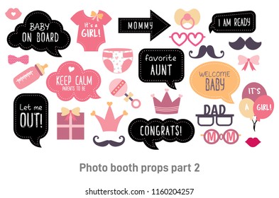 Baby Shower Photo Booth Props. Happy Birthday Party For Girl. Pink Cards And Speech Bubble With Funny Quotes For New Born And Parents. Vector Photobooth Set: Bottle, Nippel, Stroller