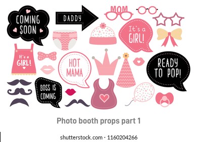 Baby shower photo booth props. Happy birthday party for girl. Pink cards and speech bubble with funny quotes for new born and parents. Vector photobooth set: bottle, nippel, stroller