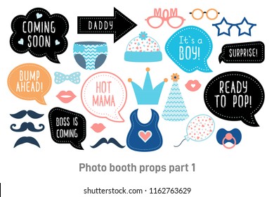 Baby Shower Photo Booth Props. Happy Birthday Party For Boy. Blue Cards And Speech Bubble With Funny Quotes For New Born And Parents. Vector Photobooth Set: Bottle, Nippel, Stroller