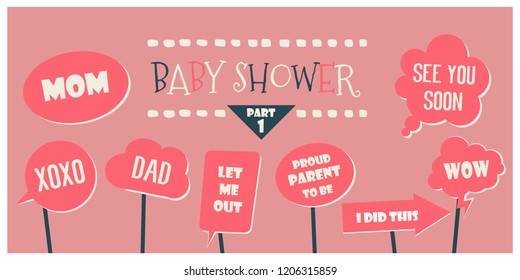 Baby shower photo booth props vector elements. Speech bubbles with funny phrases for baby shower photobooth party 