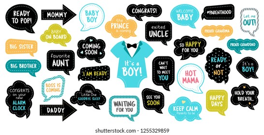 Baby shower photo booth props. Happy birthday party for boy. Blue cards and speech bubbles with funny quotes for new born and parents. Vector photobooth set for pregnancy party.