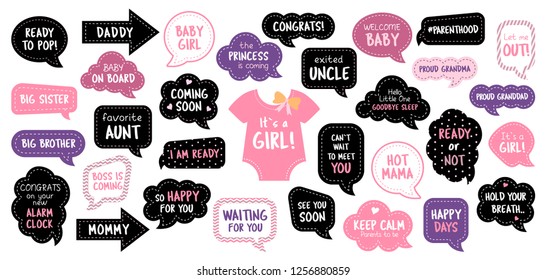 Baby shower photo booth props. Happy birthday party for girl. Pink cards and speech bubbles with funny quotes for new born and parents. Vector photobooth set for pregnancy party.