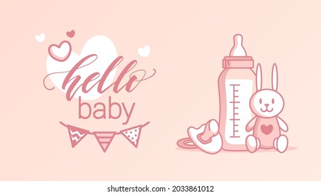 Baby Shower Pink Background. Baby Arrival Cartoon Vector Illustration